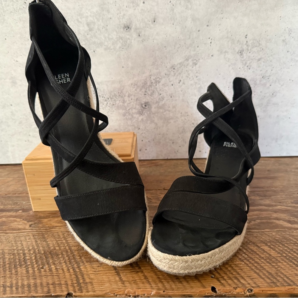 🎆Eileen Fisher Black Espadrille Wedge Sandals – Size 10 - Picture 4 of 6